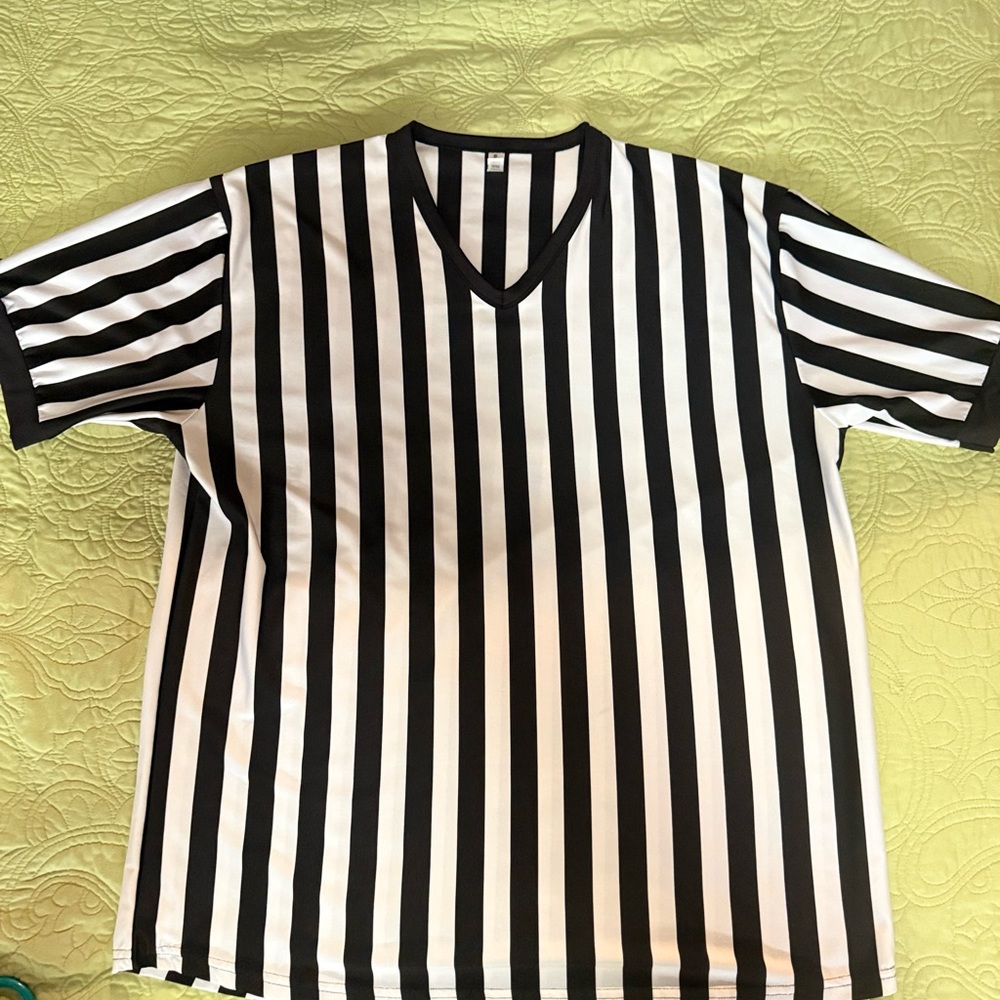 Black and White Striped V-Neck Referee Shirt